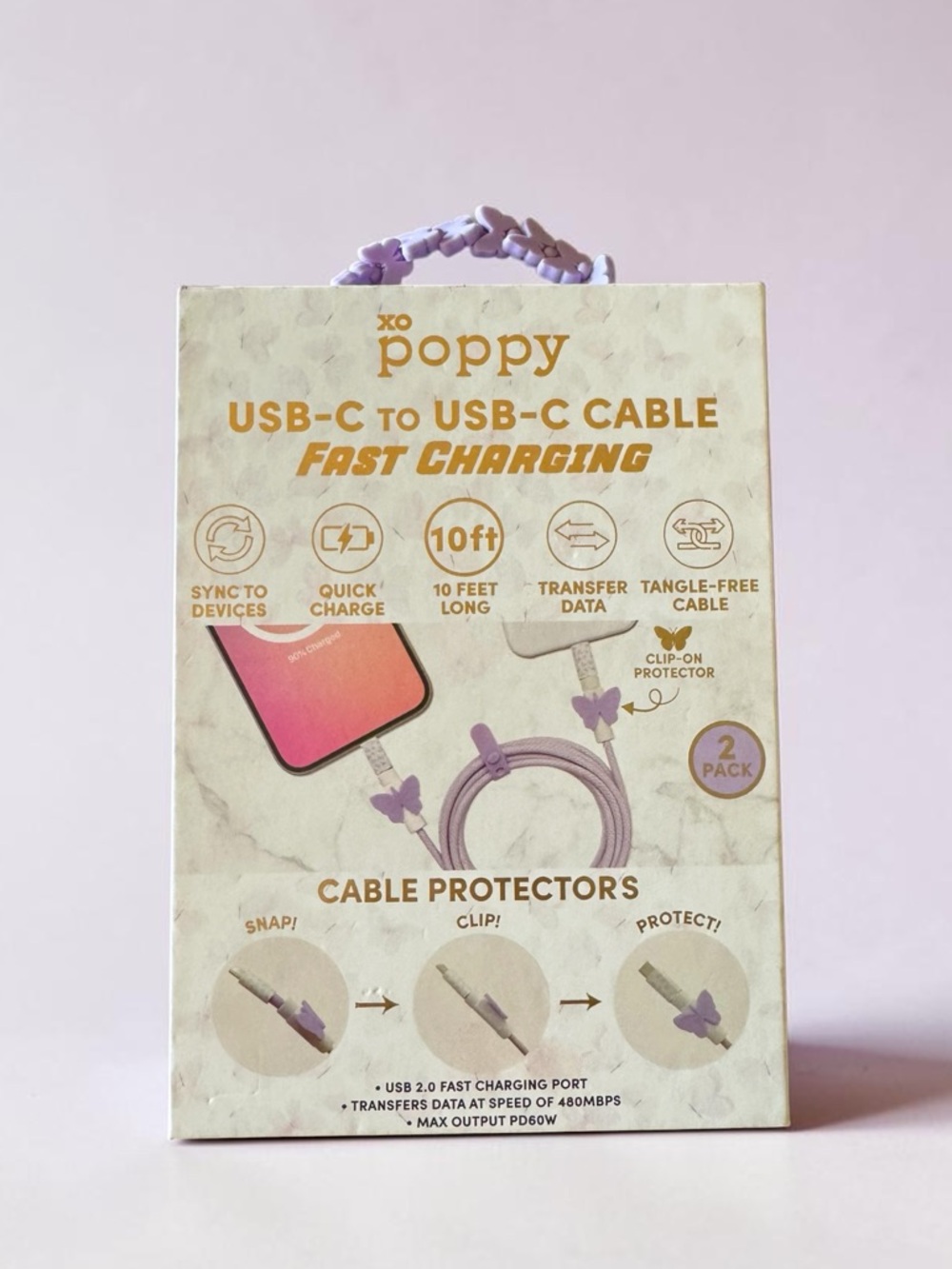 XO Poppy USB-C Fast 10 Feet Butterfly Charging Cable - Picture 3 of 4